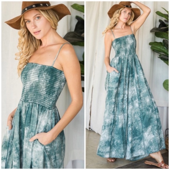 Pants - Green Tie Dye Wide Palazzo Flare Leg Smocked Bohemian Casual Jumpsuit w/ Pockets